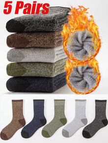 5 Pairs Men's Warm Thermal Lined Thermal Socks, Thick Cushioned Mid-Calf Hiking Socks, Fit US Size 4.5-9 / UK Size 3.5-8 / EU Size 36-43, Winter