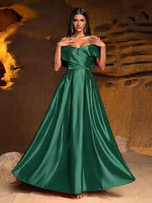 Faeriesty Váy satin dáng rộng trễ vai dài chấm đất dành cho nữ, váy dự tiệc mùa thu, trang phục phù hợp cho dịp Giáng sinh - Màu xanh lá cây đậm - Xem 3