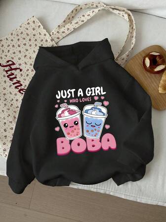 1 Girls, Fashionable, Casual Retro, Printed With Milk Tea Print Pattern, Black Long-Sleeved Hooded Pullover, Comfortable And Soft, Suitable For Street And Daily Wear, New Tops For Autumn And Winter/Young Girls/Tween Girls/Teen Girls