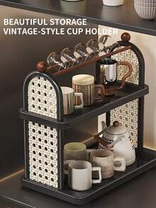 Black Double-Layer Antique-Style Cup And Tea Rack, Suitable For Bedroom Cosmetics Storage Rack, Desktop Storage Rack, Kitchen Cup Holder, Water Cup And Tea Cup Holder, Kitchen Cup Storage Rack, Cup Holder, Drain Rack, Coffee Rack. - 黑色 - 查看 7