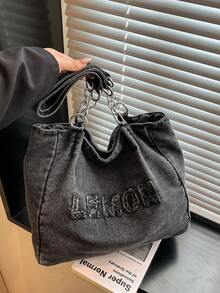 Túi Tote Denim Màu Trơn Mới, Có Trang Trí Chữ Cái Và Quai Đeo Bằng Kim Loại, Dung Tích Lưu Trữ Lớn, Khóa Kéo, Túi Đeo Vai Nữ Cổ Điển, Thích Hợp Cho Những Buổi Đi Chơi Hàng Ngày, Đi Làm Và Thu Hút Những Người Trẻ Theo Đuổi Cá Tính. - màu đen - Xem 6
