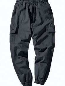 3pcs Tween Boys Casual Minimalist Faux Pocket Outdoor Sports Drawstring Cargo Pants - Dark Grey - View 2