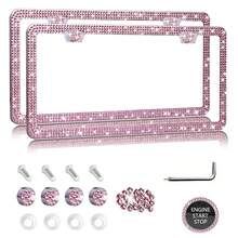 1PCS/2PCS Diamond Glitter Stainless Steel License Plate Frame, Ladies Car Decor, Comes With Easy Installation Kit And Start Button Sticker, For Car And SUV, American License Plate Standard, Fashion Accessory, Stylish Car Decor, Birthday, Holiday Gift - 粉紅色2pcs - 查看 11