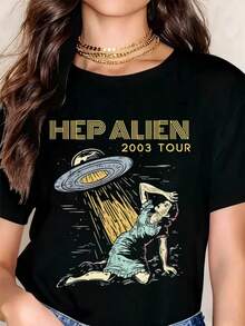 Hep Alien 2003 Tour UFO  Graphic T Shirt Women Vintage Sci Fi Alien Art Black Crewneck Tee Shirt - màu đen - Xem 1