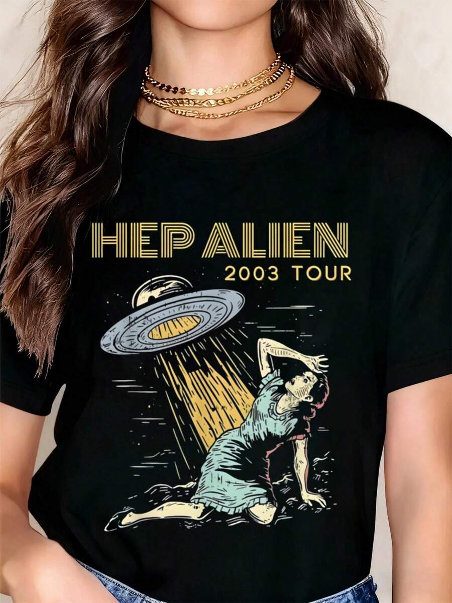 Hep Alien 2003 Tour UFO  Graphic T Shirt Women Vintage Sci Fi Alien Art Black Crewneck Tee Shirt - màu đen - Xem 1