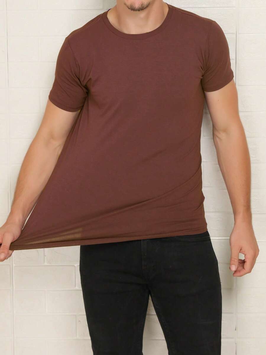 Basic Short-Sleeve T-Shirts With Elastane, Viscose Lycra Knit (Cool Knit) - Chocolate Brown - View 1