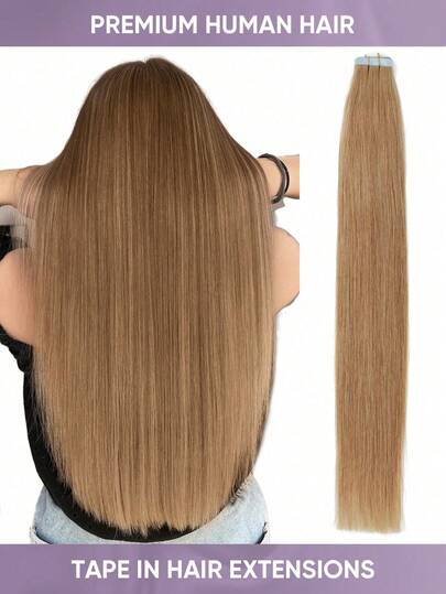 20片装胶带式接发片，真人发丝，14-22英寸，隐形双面胶带式接发片，直发，适合派对、万圣节装扮