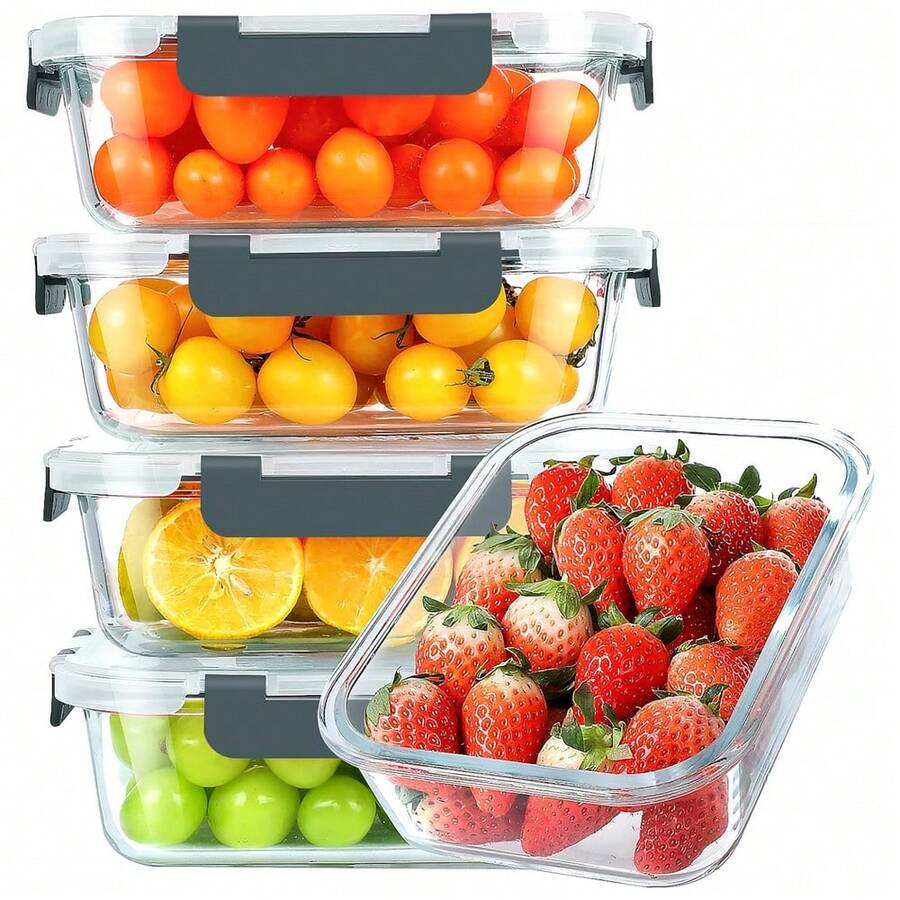 5pcs 1040ml Glass Food Containers With Lids | Airtight Meal Prep Glass ...