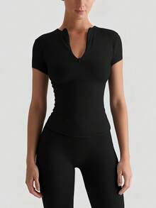 XLLAIS Women's Fashionable Zip Collar Solid Color Tight Fit T-Shirt, Stretchy Short Sleeve Casual Sports Top, Back To School Season - Black - View 3