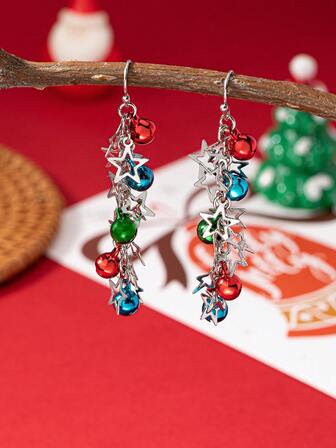 2件套圣诞金属铃铛五角星耳环，适合作为圣诞礼物，象征着圣诞节的喜悦。