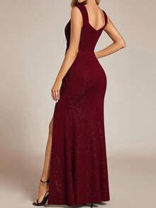 Elegantes Abendkleid, glamouröse Abendkleider für Frauen mit V-Ausschnitt, ärmellos, hoher Beinschlitz, geraffter Taille, paillettenverziert, funkelnde burgunderrote Halbformelle Kleider für Abschlussbälle, Dinnerpartys und formelle Anlässe - Bordeaux - Übersicht 4