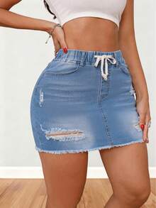 Women's Mid-Waist Solid Color Ripped Drawstring Denim Mini Skirt - Casual & Elegant Homewear - Medium Wash - View 4