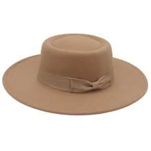 Fashionable Simple Bowler Hat, Wide Brim Fedora, Women's Felt Hat, With Bow Belt, Flat-Top Party Hat, With Built-In Adjustable Cord, Evening Party Outfit Accessories, Thanksgiving And Christmas Gifts - Camel - View 13