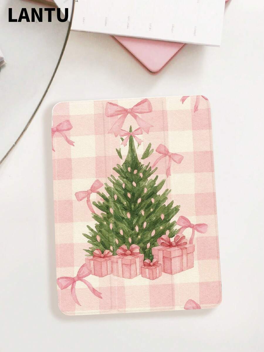 1pc Pink Plaid & Christmas Tree Pattern Tablet Protective Case, Compatible With IPad 10.2", IPad Pro 11" 2020/2021/IPad (A16) 11" 11th Gen 2025, IPad 9th/10th Gen, IPad Air 4th 10.9", Galaxy Tab S6 Lite 10.4", /, Anti-Drop, With Pencil Slot, Sleep/Wake Support, Romantic Gift For Friends And Family