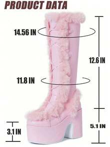 Women Knee High Boots Warm Faux Furry Chunky High Heel Platform Luxury Halloween Punk Goth Cosplay Fuzzy Snow Boots - 粉色 - 查看 5