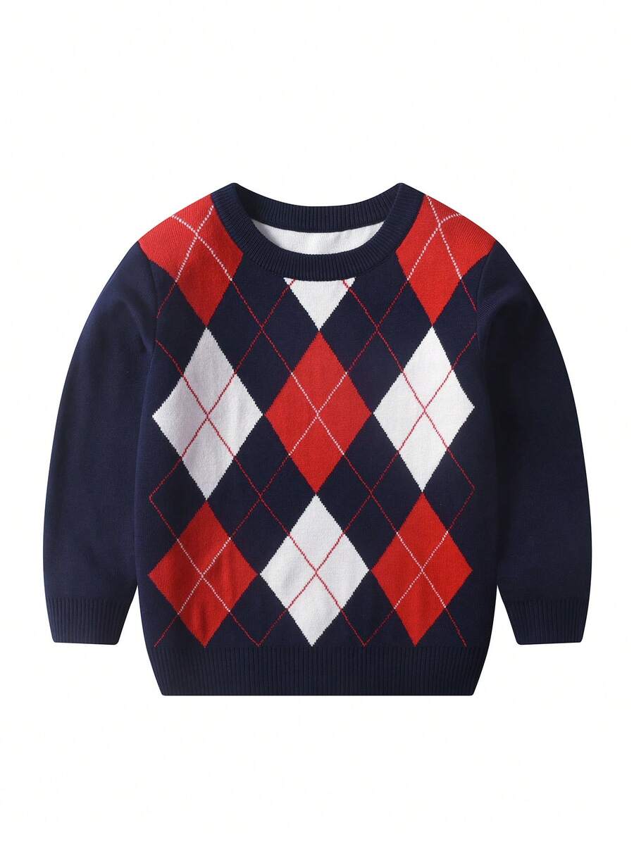 Garçons blocs de couleurs Plaid Jacquard Tricot Col Rond Pull à Manches Longues pour Automne & Hiver