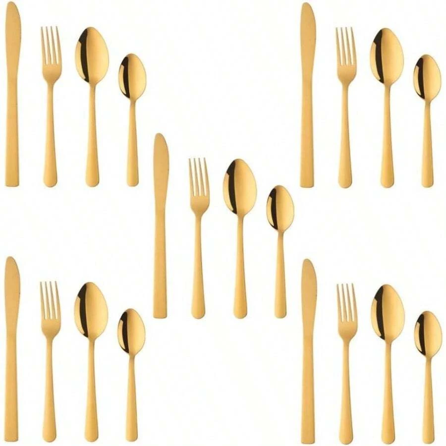 BuyGo Stainless Steel Utensils Tableware Set, 20pcs Flatware Silverware Cutlery Set Service 5, Red, Including Knife Fork Spoon, Dishwasher - Gold + 20pcs - View 1