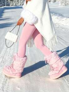 Faux Fur Boots For Women Winter Snow Boots Platform Lace Up Round Toe Boots Warm Snow Shoes Fluffy Winter Boots - Hồng - Xem 3