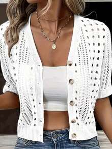 Damen Große Größen bequemer, eleganter V-Ausschnitt Kurzarm einfarbiger Strick-Cardigan mit Hohldesign, Weiß, Frühling - Weiss - Übersicht 1