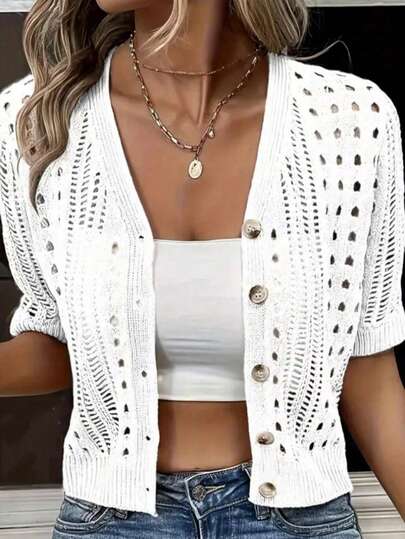 Plus Size Women Comfortable Elegant V-Neck Short Sleeve Solid Color Hollow Design Knit Cardigan