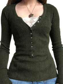 Women Button Front Knit Tops, Long Sleeve Lace Patchwork Slim Fit Fairy Grunge T-Shirts - 綠色 - 查看 2