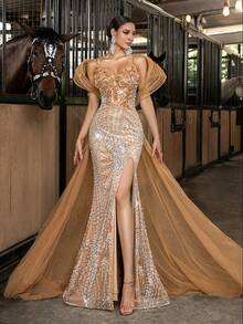 精致串珠亮片礼服，手工花卉装饰，女士晚礼服，适合正式晚宴、盛会、舞会、时尚活动，无袖长款开衩连衣裙 - 香檳色 - 查看 6
