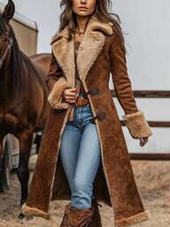 GLOURI Women's Vintage Brown Faux Suede Sherpa Winter Trench Coat -  Western Style With Notch Lapel & Midi Length | Cozy Fleece Winter Jacket For Casual & Seasonal Wear