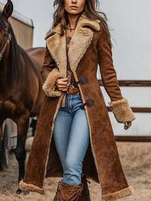 Valentine's Day, Date Night Outfit, Gifts For Her GLOURI Women's Vintage Brown Faux Suede Sherpa Winter Trench Coat -  Western Style With Notch Lapel & Midi Length | Cozy Fleece Winter Jacket For Casual & Seasonal Wear - Brown - View 2