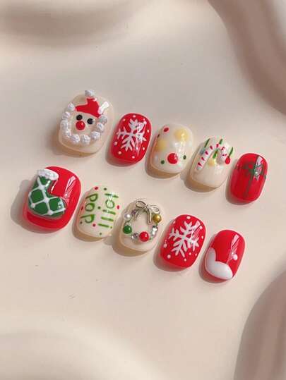 10 Stück kurze runde Nägel, Aufklebe-Nägel Weihnachts-Nägel, rote Nägel, weiße Nägel, handbemalter 3D Weihnachtsmann, handbemalter Schneeflocken-Stil zufällig, handbemalte bunte Punkte, Weihnachtslutscher, handbemaltes Weihnachtsband, Weihnachtsstrümpfe, süßer Weihnachtskranz, süße Nägel, aufgepresste Acrylnägel, geeignet für Damen und Mädchen zum Tragen auf Weihnachtsfeiern, Tanzveranstaltungen, Dates, Partys und anderen Anlässen, abnehmbar und wiederverwendbar