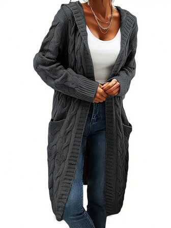 Plus Size Women's Hooded Chunky Knit Cardigan With Pockets, Plus Size Long Sleeve Mid-Length Knit Sweater