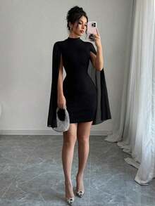 Elegant Women's Short Party Dress With Tulle Sleeves And Flare Detail - Fashionable - màu đen - Xem 5