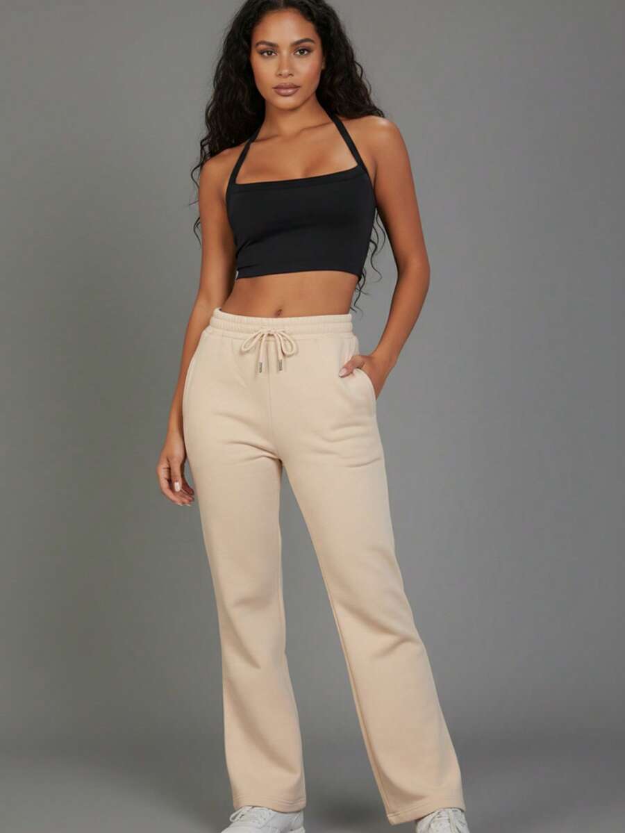 Women's Casual Long Straight Leg Sweatpants With Drawstring And Pockets For Everyday Comfort - Stone - View 1