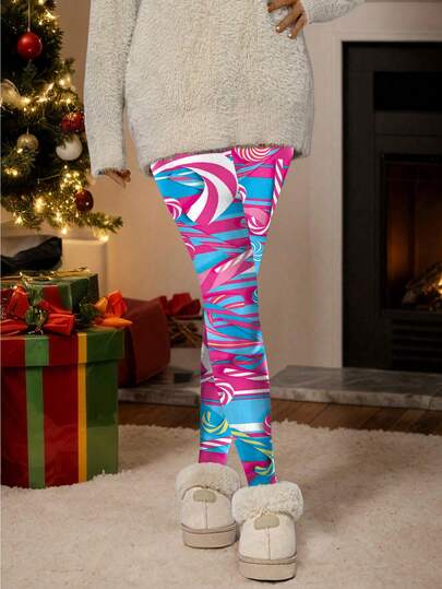 1 pieza Leggings de mujer de cintura alta con estampado de caramelos, ajuste elástico y delgado, adecuado para otoño/invierno, deportes al aire uso casual