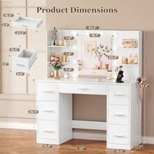 Furniwell 43" Vanity Desk Set With Power Outlet, Makeup Vanity Table With Bulbs Mirror 3 Color & Brightness Adjustable 7 Drawers For Storage,   Makeup Vanity Desk With Outlets, Large Mirror With Light Bulbs Color & Brightness Adjustable,  7 Drawers For Storage With Hairdryer Holder Christmas Gift For Girls Women - Shell white - View 7