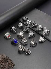 Bộ 16 nhẫn mặt đầu lâu phong cách Hip Hop thời trang đường phố cổ điển, trang sức phong cách Punk Gothic dành cho nam - Màu Bạc Cổ - Xem 3