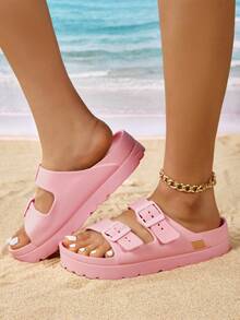 New Fashion Thick Bottom Elevated Sandals For Women, Versatile EVA Lightweight Comfortable Soft Durable Double Adjustable Strap Sandals For Home, Party, Beach, Work, Shock-Absorbing - Pink - View 2