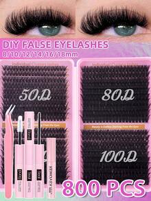 800pcs Cluster Eyelashes Set, D-Curl Flared Effect Mixed DIY Eyelash Extension Kit, Soft Voluminous Individual Cluster Lashes For Natural Fluffy Look, Pink Base Card, DIY Lashes For Home Use, Long-Lasting Beauty Eyelash Cluster Set - Multicolor - View 11