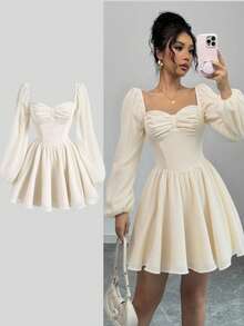 Vestido corto de manga larga para otoño con escote corazón de encaje con lazo en una línea, bonito vestido de fiesta corto informal para mujer - Albaricoque - Ver 1