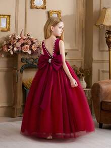 Tween Girl Burgundy Handmade Beaded 3D Bow Christmas Party Dress, Suitable For Girls Dresses Birthday Party, Prom, Flower Girl, Bridesmaid, School Party, Dance, Holiday Celebration - Burgundy - View 2