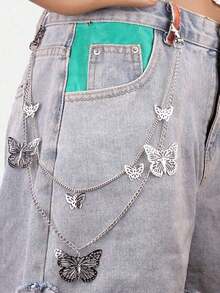 1pc Men Silver Metal Trouser Chain Fashionable Multi Layer Hollow Butterfly Pendant Chain Punk Hip Hop Style Accessory For Jeans Decoration Halloween Summer School Autumn Winter Accessories Halloween Costume Suitable For Teens Youth Men Casual Outdoor Ath MQ19 - 銀色 - 查看 13