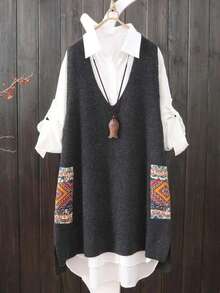 Plus Size Casual V-Neck Random Print Pocket Knit Sweater Dress Spring - Dark Gray - View 1