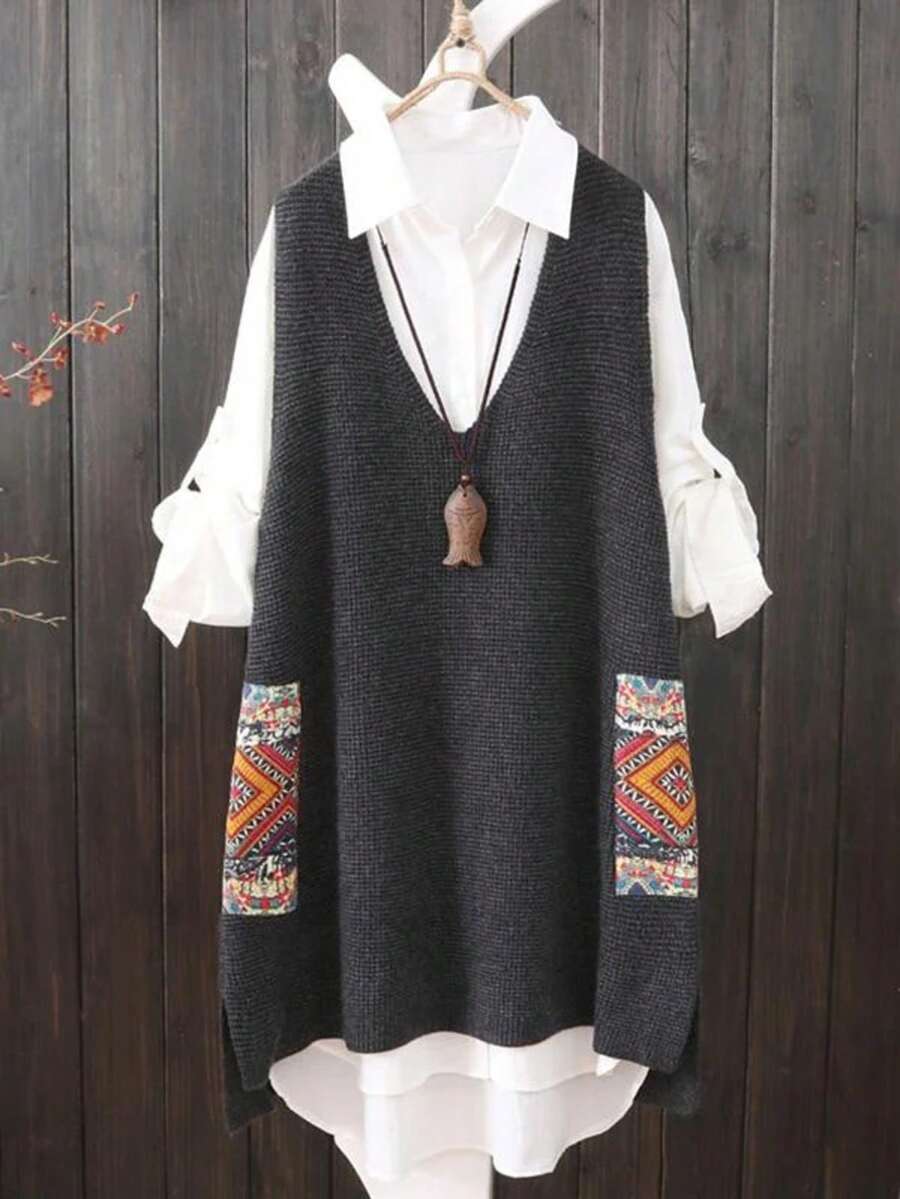 Plus Size Casual V-Neck Random Print Pocket Knit Sweater Dress Spring - Dark Gray - View 1