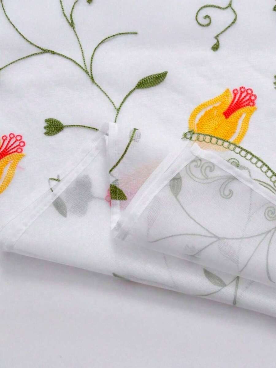 Cortina con Bordado Floral Translúcida Dos Capas 1.40x2.25m Diseño Girasol Amarillo o Tulipán Decoración Elegante Ventana Puerta Sala Cocina Dormitorio Filtro Luz Natural Decoración primaveral de ventana - Tulipán - Ver 1