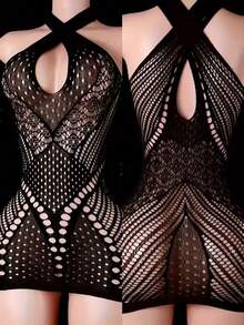 Conjunto de 2 piezas de vestido hueco de mujer de red de pesca, lencería sexy para noche romántica