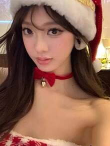 1件 2026新款欧美风可爱锁骨链，圣诞蓬松项链，配甜美红色蝴蝶结铃铛颈链