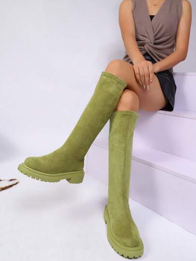 Women's Round Toe Zip-Up Tall Boots, Fashion Green Boots