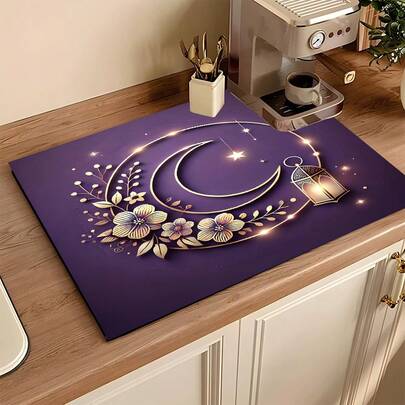 1pc Moon Pattern Absorbent Drying Mat, Ramadan Kitchen Decor Coffee Machine Mat, Handmade Coffee Pot Draining Pad, Kitchen Floor Mat, Dining Table Mat, Kitchen Counter Dish Drying Mat, Breakfast Mat, Anti-Slip Heat-Resistant Draining Mat, Diatomite Draining Mat, Hides Stains, Super Absorbent Kitchen Mat, Easy To Clean Dish Rack Mat, Suitable For Kitchen, Dining Table, Cafe, Bar, Holidays, Parties, Home Decor, Holiday Gifts