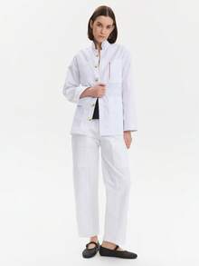 معطف متعدد الجيوب بأكمام طويلة، ملابس عمل عصرية للمختبر وصالون التجميل، ملابس خارجية كاجوال خفيفة الوزن - أبيض - مشاهدة 8