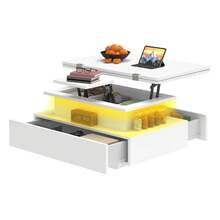 Yitahome Coffee Table With Lift Top, High Glossy 4-In-1 Extendable Coffee Table With LED And 2 Drawers, Wooden Rectangle Tea Table, White -By GeoTower - White - View 10