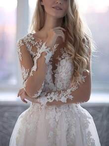 Elegant Romantic Boho Long Sleeves Lace Appliques Tulle Wedding Dress Registration,Evening Party Dress Birthday Party Dress,Romantic Church Ceremony Wedding Dress,Suitable For Wedding,Dating,Party,Singles' Party,Vacation,Formal Occasions,Dinner Dress,Prom Dress,Homecoming Dress,Cocktail Party,Wedding Guest Dress,Graduation - 白色 - 查看 3